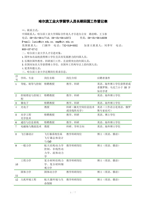 哈尔滨工业大学留学人员长期回国工作登记表