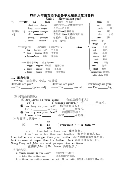 PEP小学六年级英语下册知识点归纳及练习