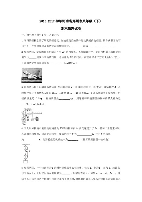 河南省郑州市2016-2017学年八年级下学期期末考试物理试卷(无答案)