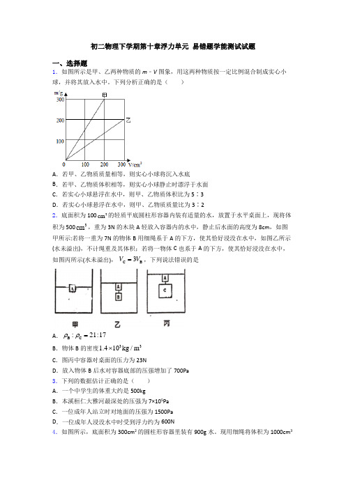 初二物理下学期第十章浮力单元 易错题学能测试试题