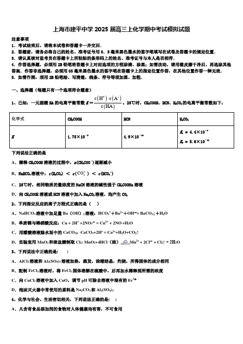 上海市建平中学2025届高三上化学期中考试模拟试题含解析