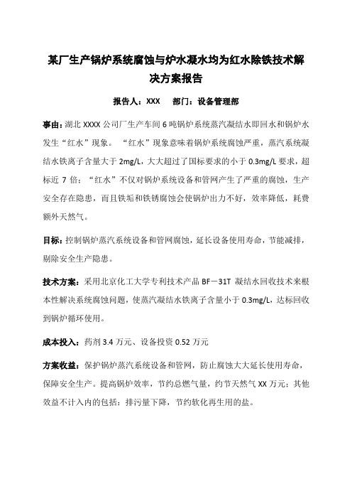 某厂生产锅炉系统腐蚀与炉水凝水均为红水除铁技术解决方案报告