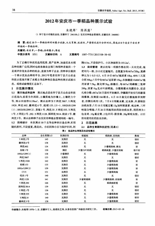 2012年安庆市一季稻品种展示试验