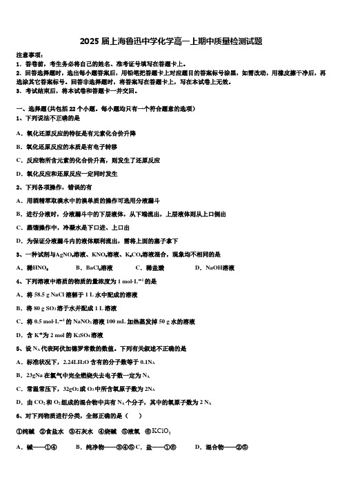 2025届上海鲁迅中学化学高一上期中质量检测试题含解析