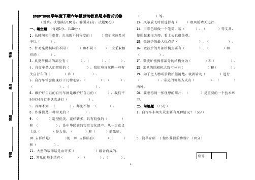 六年级劳动教育期末测试试卷