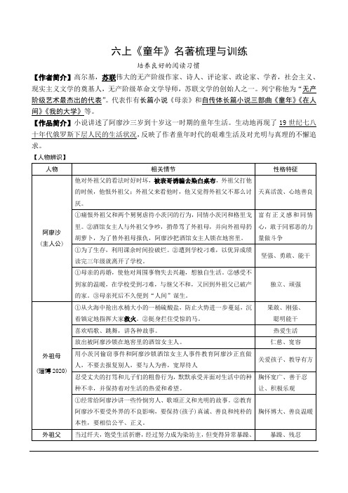 第四单元名著导读《童年》梳理与训练语文(五四学制)六年级上册