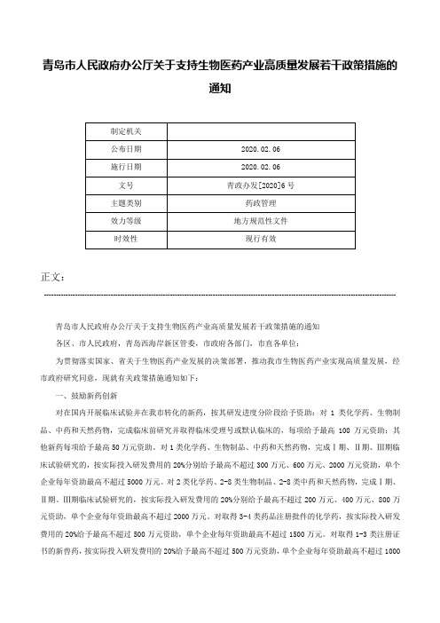 青岛市人民政府办公厅关于支持生物医药产业高质量发展若干政策措施的通知-青政办发[2020]6号