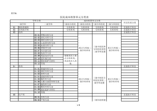 医院成本核算单元分类表