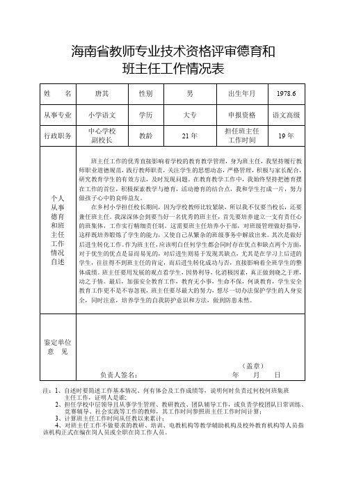 海南省教师专业技术资格评审德育和班主任工作情况表