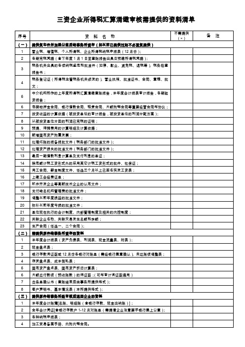 三资企业所得税汇算清缴审核需提供的资料清单.