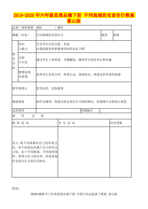 2019-2020年六年级思想品德下册 不同地域的衣食住行教案 泰山版