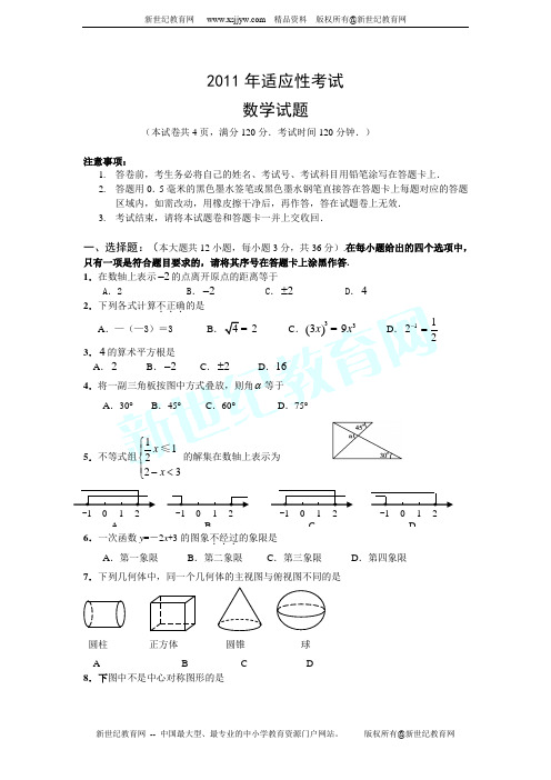 2011年数学适应考试试题及答案