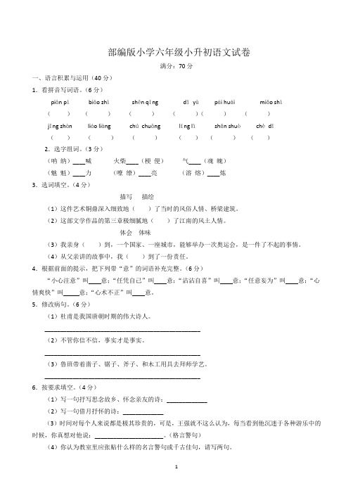 小学六年级小升初语文试卷(含参考答案,最新部编版)