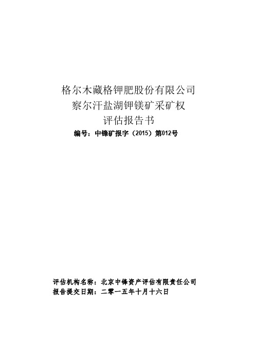 金谷源：格尔木藏格钾肥股份有限公司察尔汗盐湖钾镁矿采矿权评估报告书