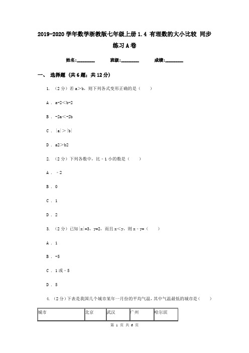 2019-2020学年数学浙教版七年级上册1.4 有理数的大小比较 同步练习A卷