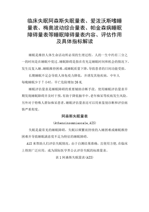 临床失眠阿森斯失眠量表爱泼沃斯嗜睡量表梅奥波动综合量表帕金森病睡眠障碍量表等睡眠障碍量表内容评估作用