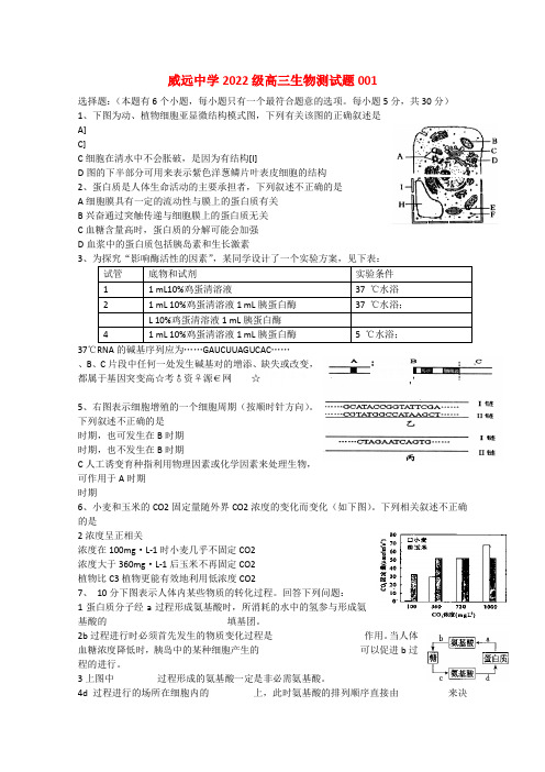 四川省威远中学2022届高三生物下学期周测综合测试（1）