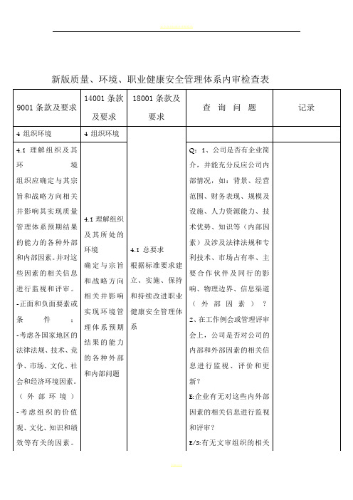 新版质量、环境、职业健康安全管理体系内审检查表