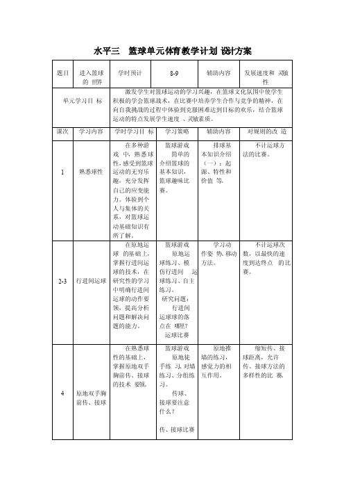 五年级水平三篮球单元教学计划