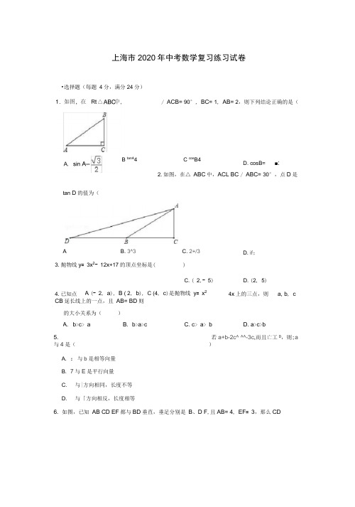 上海市2020年中考数学复习练习试卷(含答案)