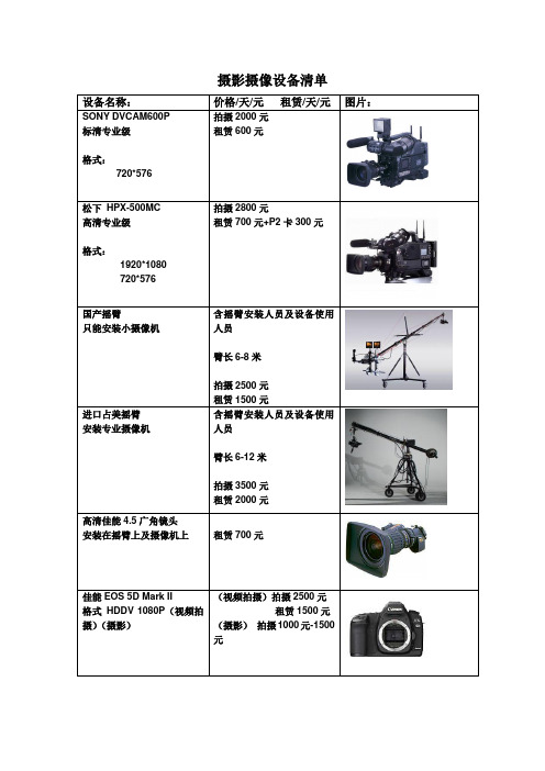 专业摄影摄像设备清单