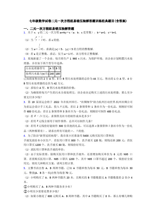 七年级数学试卷二元一次方程组易错压轴解答题训练经典题目(含答案)