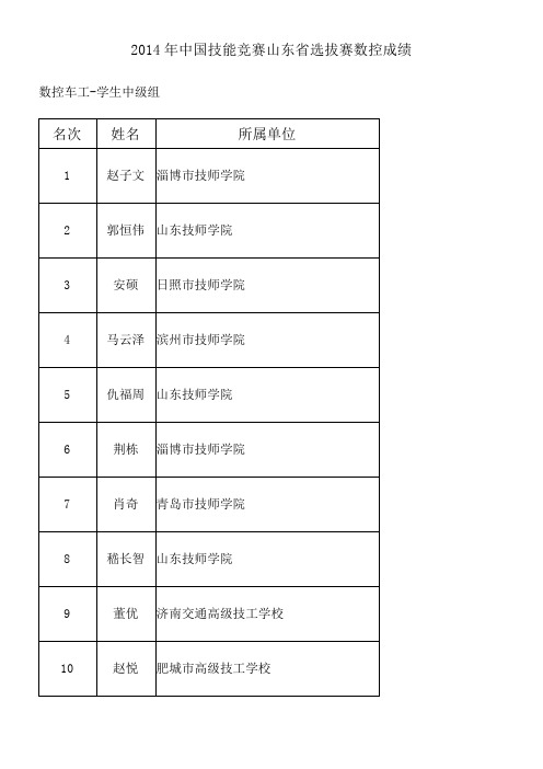 2014年中国技能竞赛山东省选拔赛数控成绩