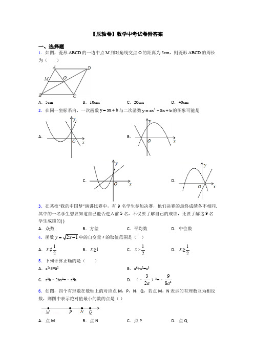 【压轴卷】数学中考试卷附答案