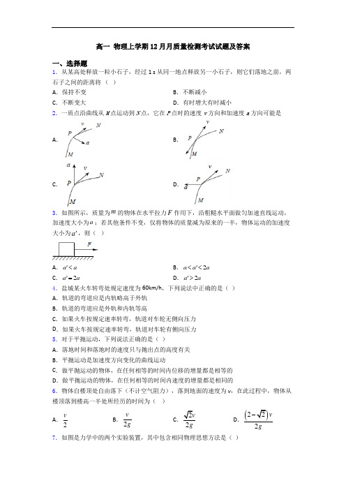 高一 物理上学期12月月质量检测考试试题及答案