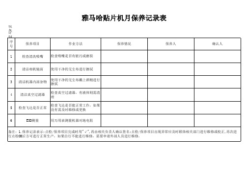 雅马哈贴片机月保养记录表