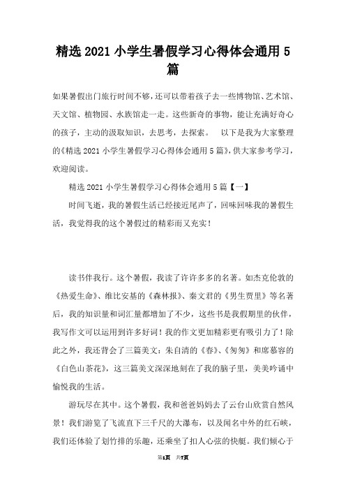 精选2021小学生暑假学习心得体会通用5篇