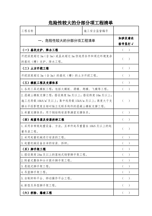 危险性较大的分部分项工程清单