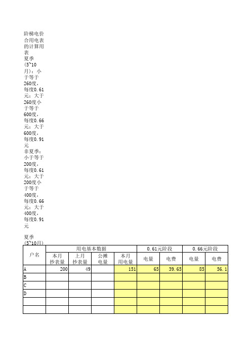 阶梯电价计算用表