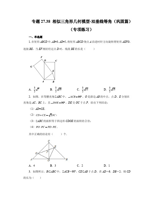 专题27.38 相似三角形几何模型-双垂线等角(巩固篇)(专项练习)-2022-2023学年九年级数