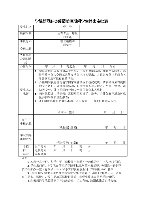 学院新冠肺炎疫情防控期间学生外出审批表(定稿)模板