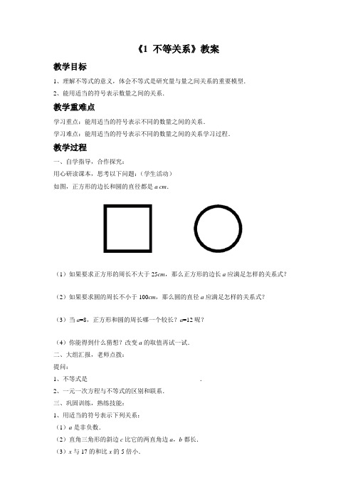 北师大版八年级数学下册 不等关系-教案