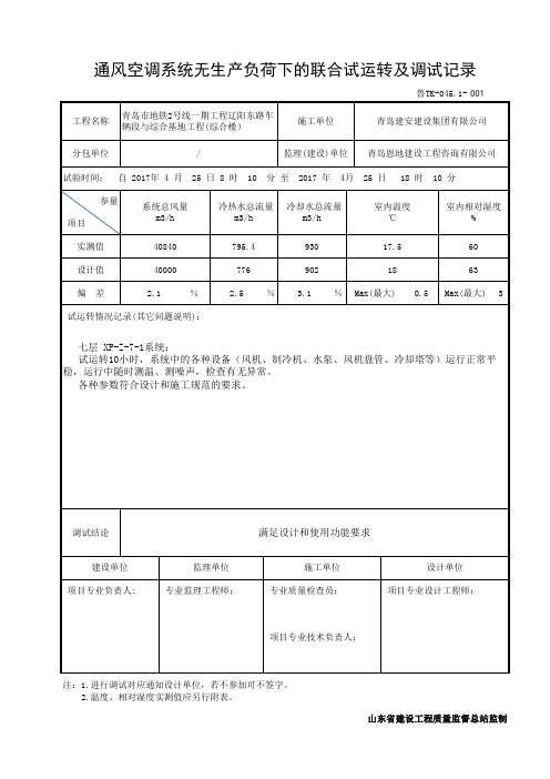 鲁TK-045.1-通风空调系统无生产负荷下的联合试运转及调试记录