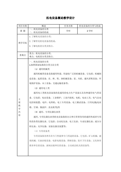 机电设备概论 第2版1.2任务二教学设计(机电设备的分类与组成)