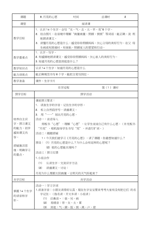 人教版一年级语文下册《月亮的心愿》教学设计.docx