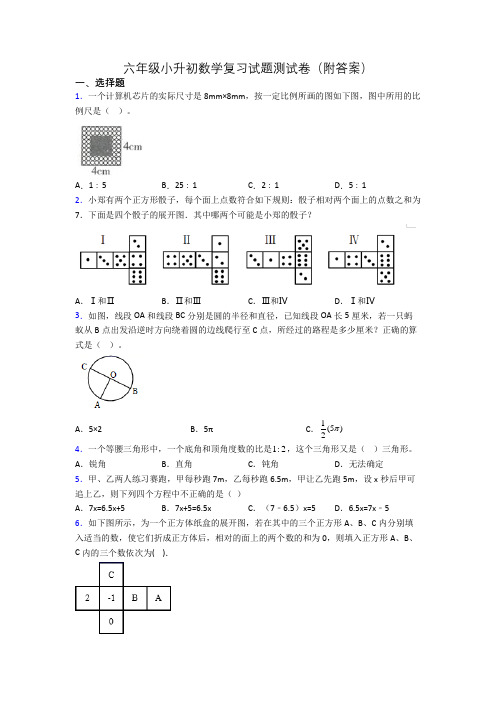 六年级小升初数学复习试题测试卷(附答案)