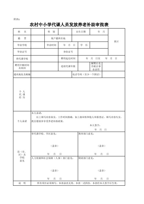 农村中小学代课人员发放养老补助审批表1