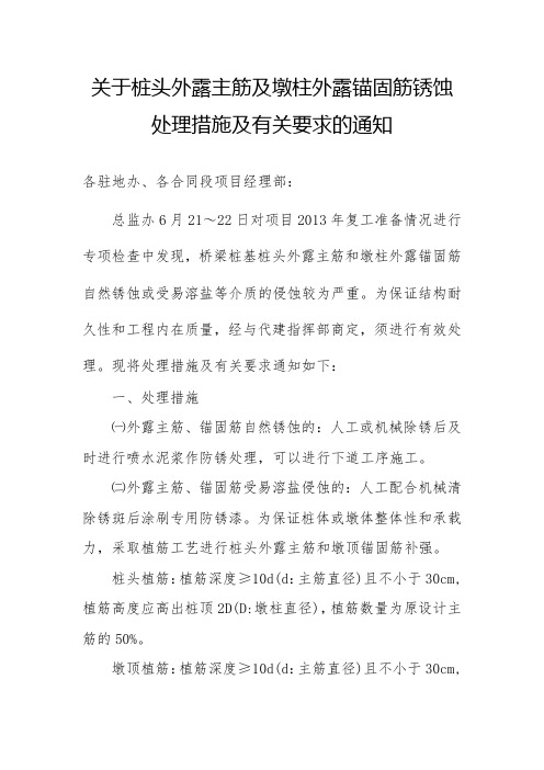 关于对桥梁灌注桩桩头钢筋锈蚀处理有关要求的通知