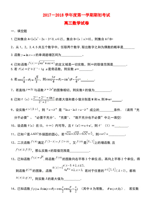 江苏省启东市高三数学上学期期初考试试题(无答案)(new)