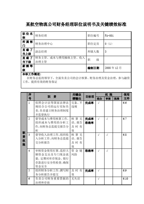 某航空物流公司财务经理职位说明书及关键绩效标准