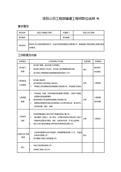 项目公司工程部暖通工程师职位说明书