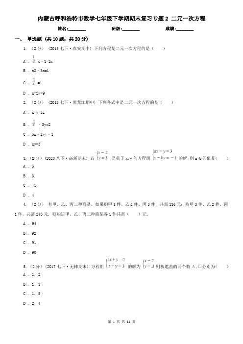 内蒙古呼和浩特市数学七年级下学期期末复习专题2 二元一次方程