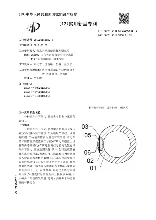 【CN209976537U】一种油井井下压力、温度实时监测与无线传输短节【专利】