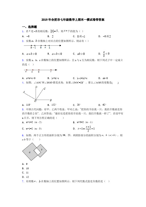 2019年合肥市七年级数学上期末一模试卷带答案