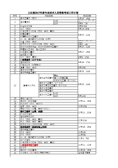 2017年人社部专业技术考试计划