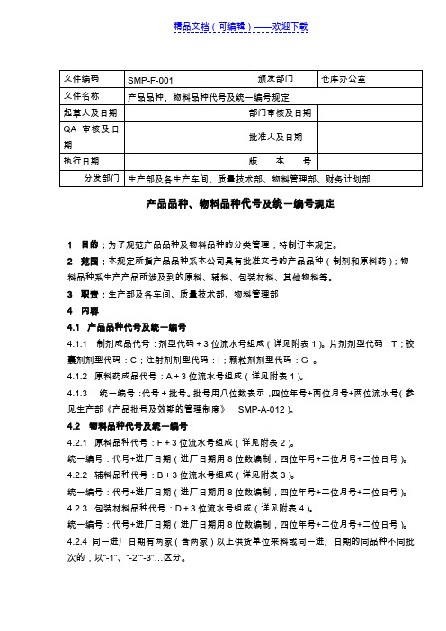 制药厂物料、半成品、产品的统一编号规定,确定货物代号 - 医药仓储.doc